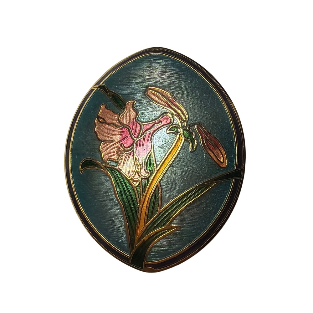 Oval Enamel Floral Brooch Pin Vintage Pink Lily Flower Gold Tone Cloissone